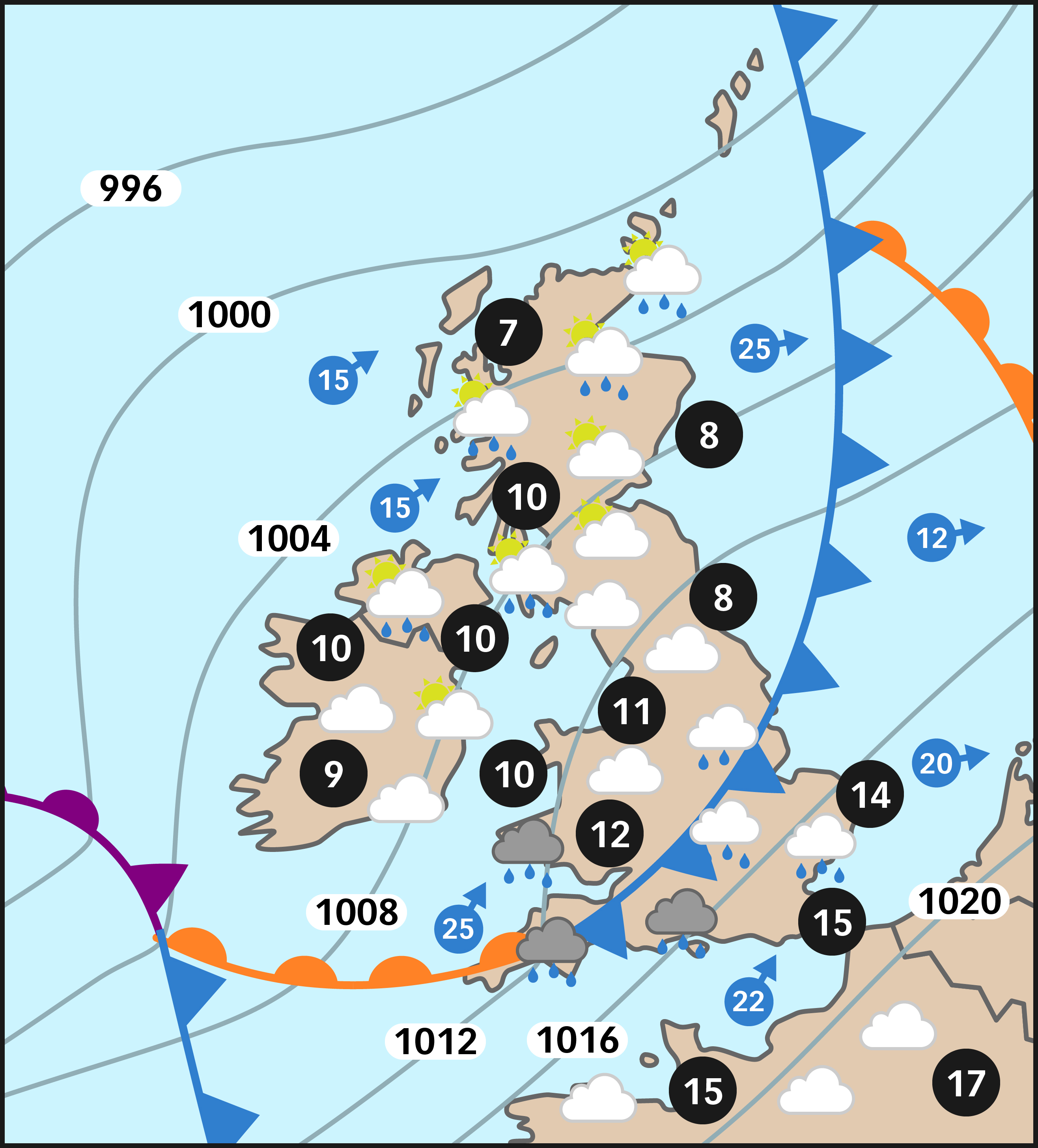 Weather forecast map showing a cold front over the UK