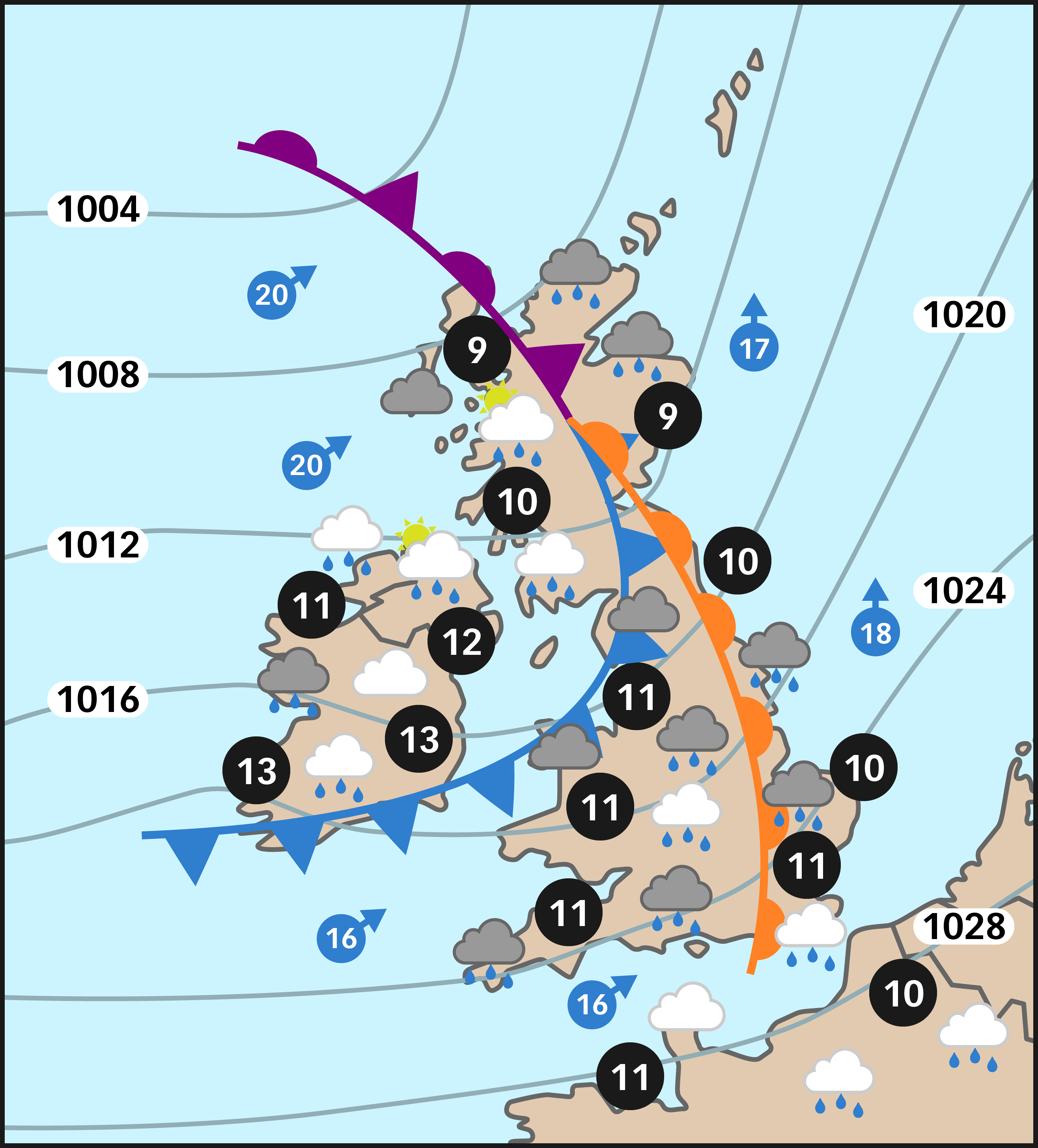 Weather forecast map showing an occluded front over the UK