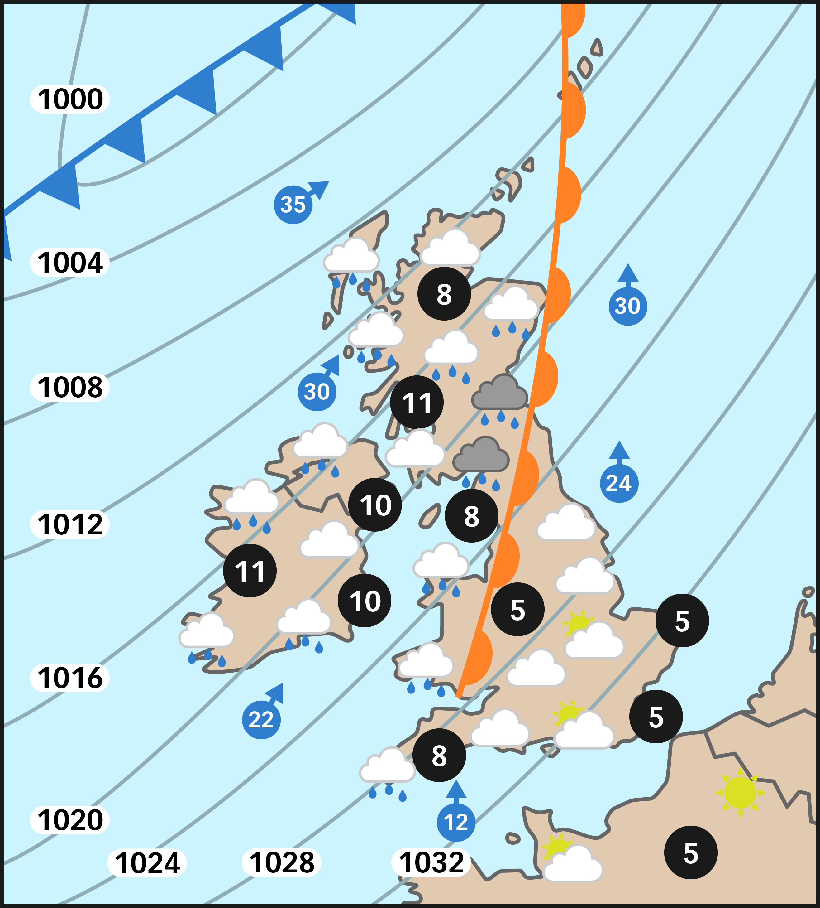 Weather forecast map showing a warm front passing over the UK