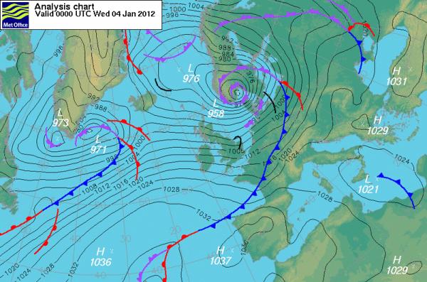 Weather map 4 Jan 2012. UK Met Office