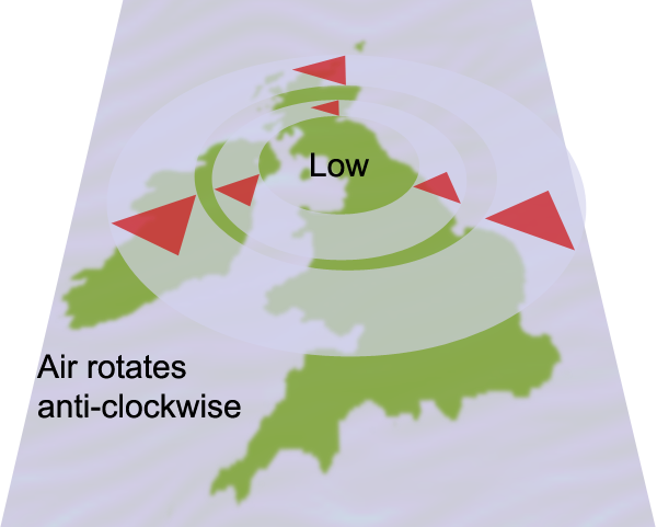 Diagram of top-down view of a depression over the UK