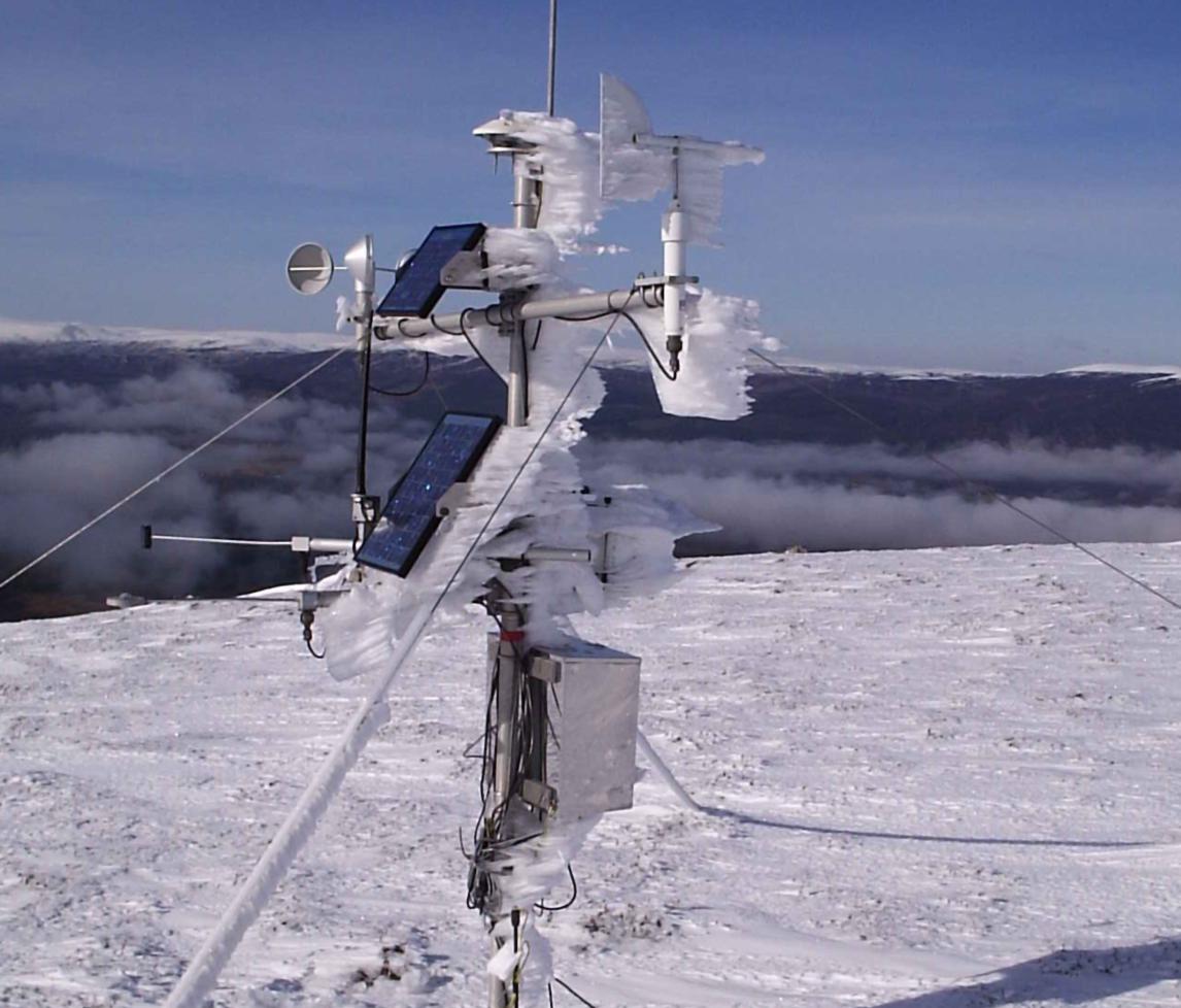 Automatic Weather Station at ECN Cairngorms covered in ice and snow