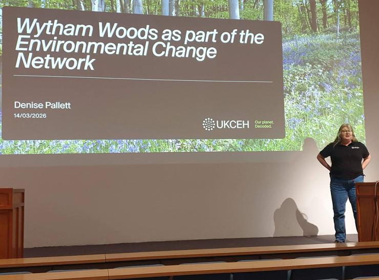 Denise speaking at the launch of the book 'Wytham Woods: How a Landscape Works'